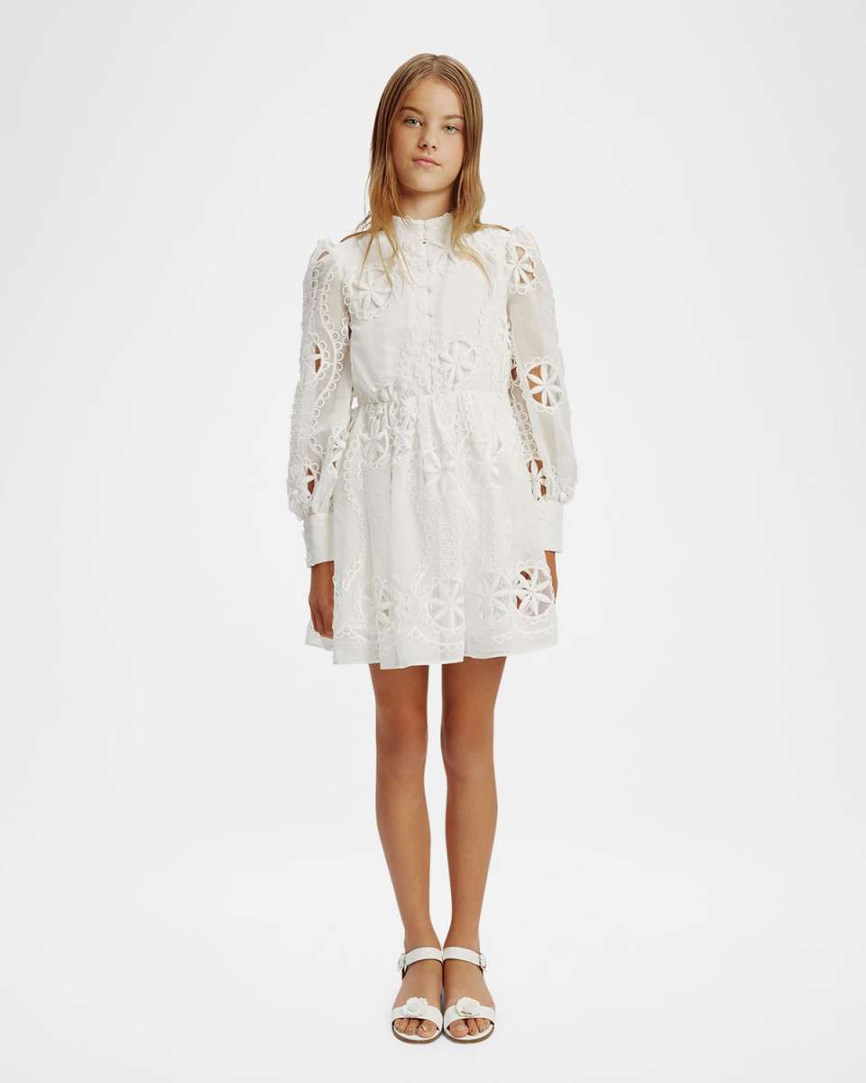 Girl's Fira Floral Embroidered Broderie Dress, Size 7-14
